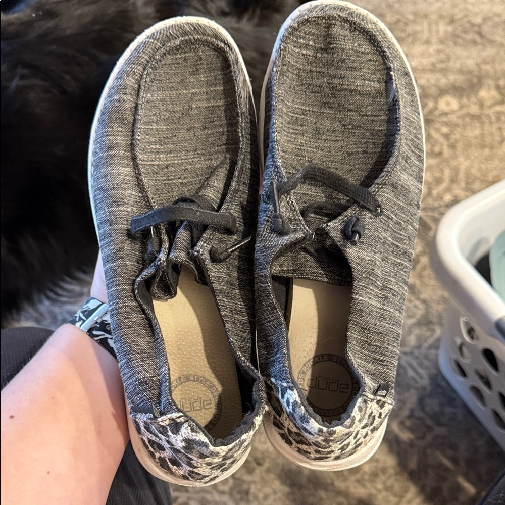 Hey Dude Gray Knit Shoes with Leopard Accent